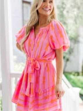 Umgee Pink and Orange Floral Stripe Midi Dress